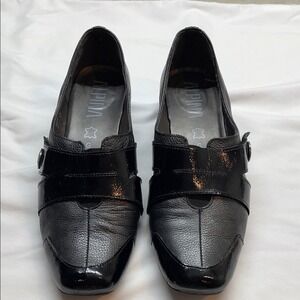 Alpina Black Leather‎ Patent Cap Toe Buckle Block Heel Shoes Women Size 39